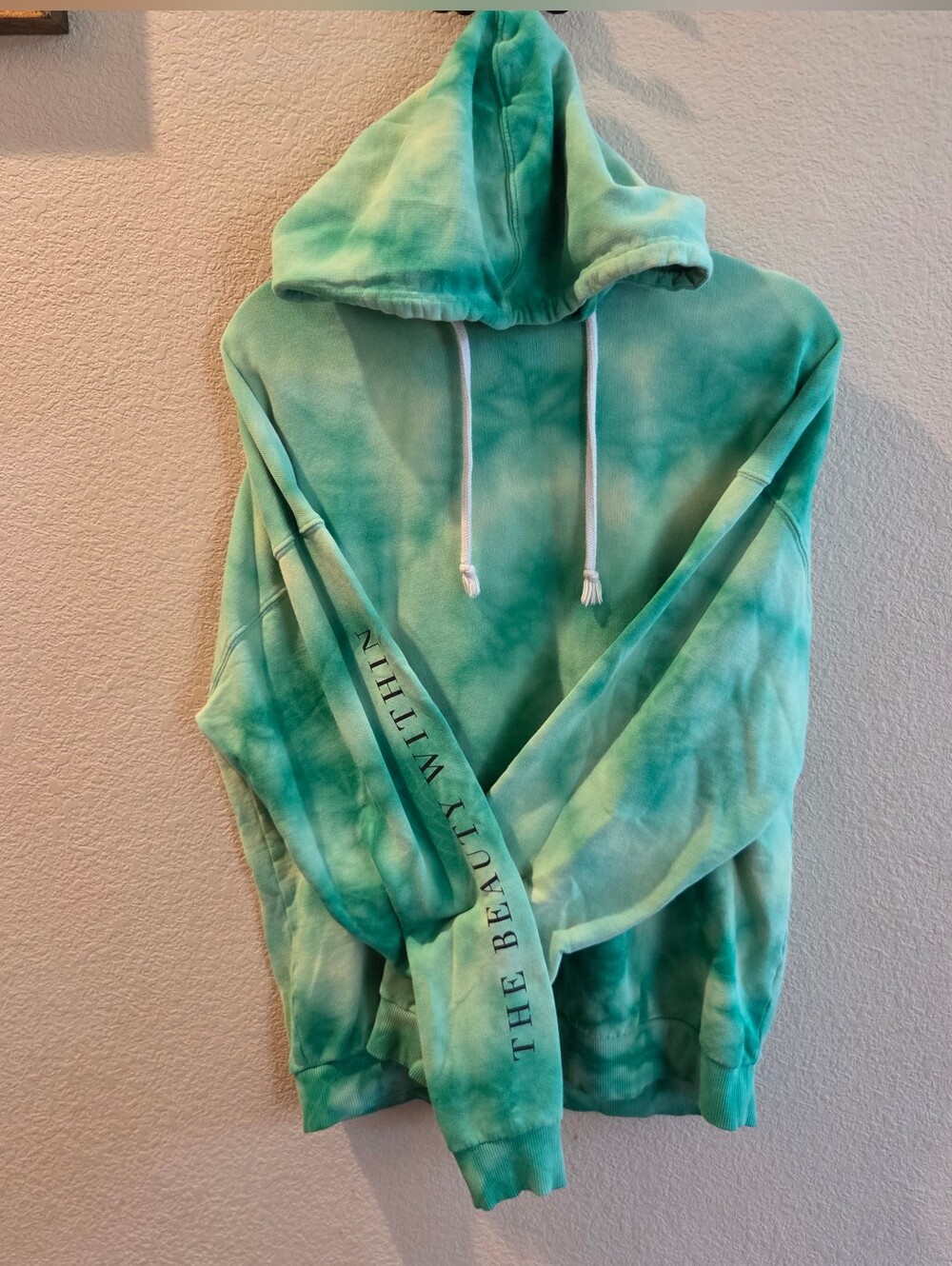 Urban OUTFITTERS, Green Tie-Dye Hooded Sweatshirt,The Beauty Within Print, Small